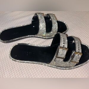 Forever 21 Silver Rhinestone Buckle Slide Sandals *worn off spots.